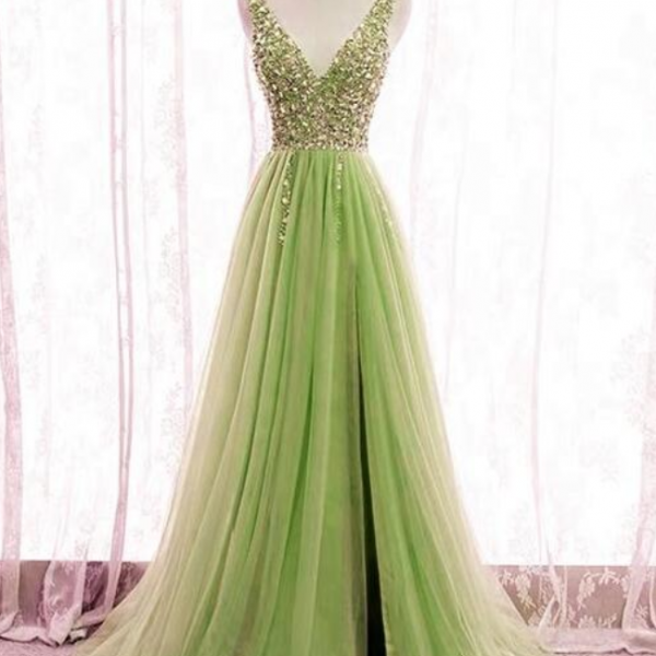 Sage green tulle split v neck formal dresses