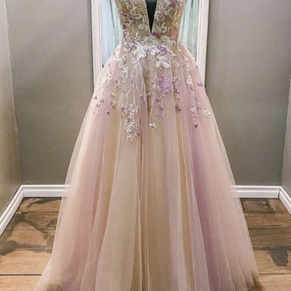 Prom Dresses,V Neck Backless Lace Floral Long Prom Dress, Lace Formal Dress, Evening Dress
