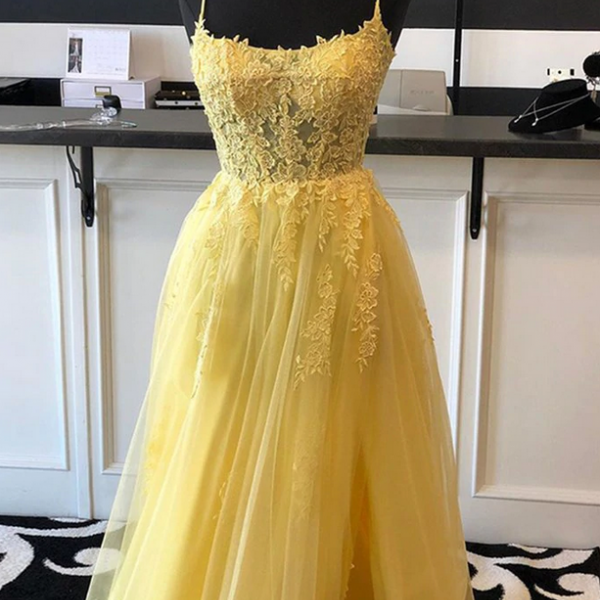 Long A-line Tulle Lace Open Back Formal Prom Dresses