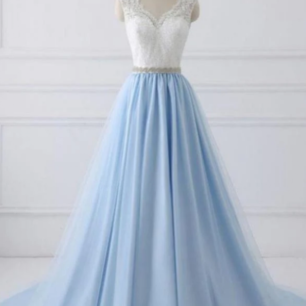 Prom Dresses,A Line V-neck Lace Appliques Bodice Long Prom Dresses,Elegant Prom Dress