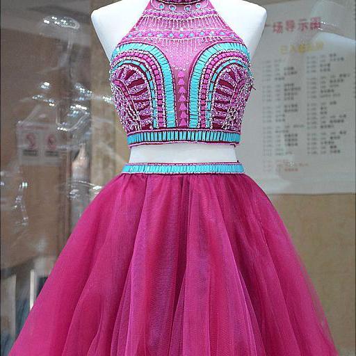 Two Piece Homecoming Dress,Pretty Tulle Halter Neckline Prom Dresses,Two Piece Prom Dress,A-Line Short Homecoming Dresses With Beadings