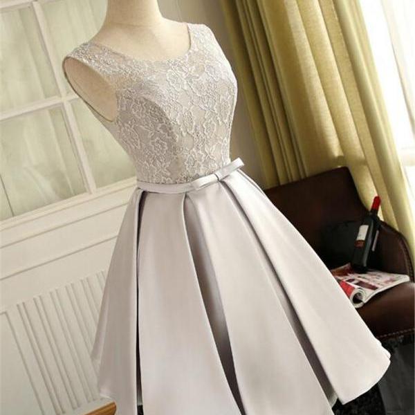 Simple Lace and Satin Knee Length Round Neckline Party Dress, Evening Short Prom Dress