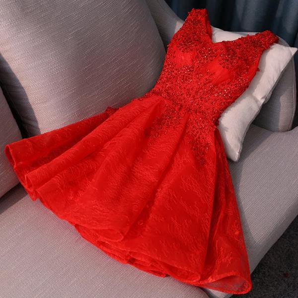 Lovely Red Short V-neckline Lace Homecoming Dress, Red Short Prom Dress