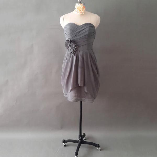 Gray Sweetheart Bridesmaid Dress with Ruching Detail, Chiffon Bridesmaid Dress with Pleats