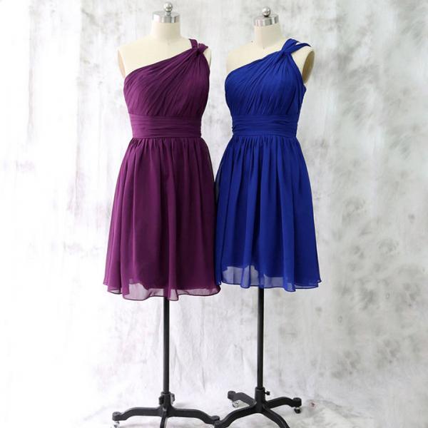 Purple One Shoulder Bridesmaid Dress, Royal Blue Bridesmaid Dress, Asymmetric Chiffon Bridesmaid Dress with Ruching Detail