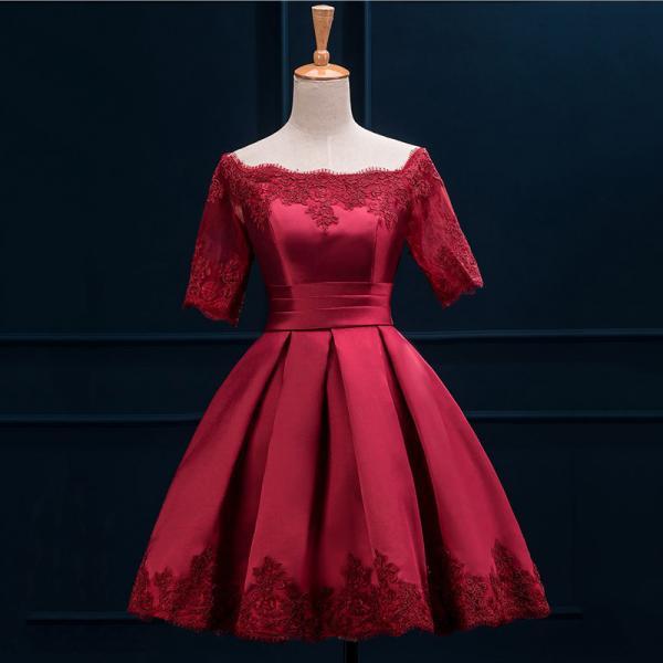 Off the Shoulder Red Satin Prom Dress with half Sleeves, Short Lace-up Prom Dress with Lace Appliques, Princess Prom Dress with Pleats