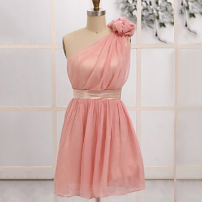 Pink Bridesmaid Dress with Flower, One Shoulder Junior Bridesmaid Dresses, Short Asymmetric Chiffon Bridesmaid Dresses