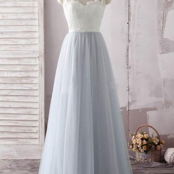 A line Tulle White Lace Formal Prom Dress, Modest Beautiful Long Prom Dress, Banquet Party Dress