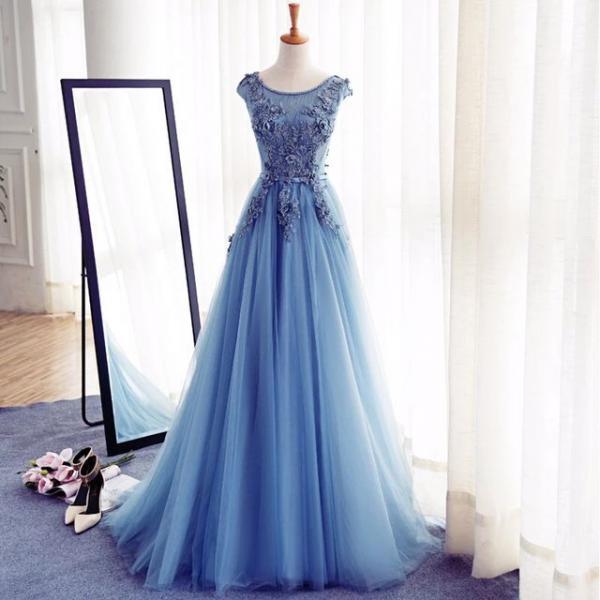 O-Neck Appliques A-Line Formal Prom Dress, Beautiful Long Prom Dress, Banquet Party Dress