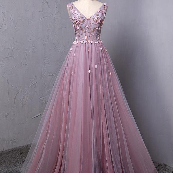Elegant V Neck A-Line Tulle Formal Prom Dress, Beautiful Prom Dress, Banquet Party Dress