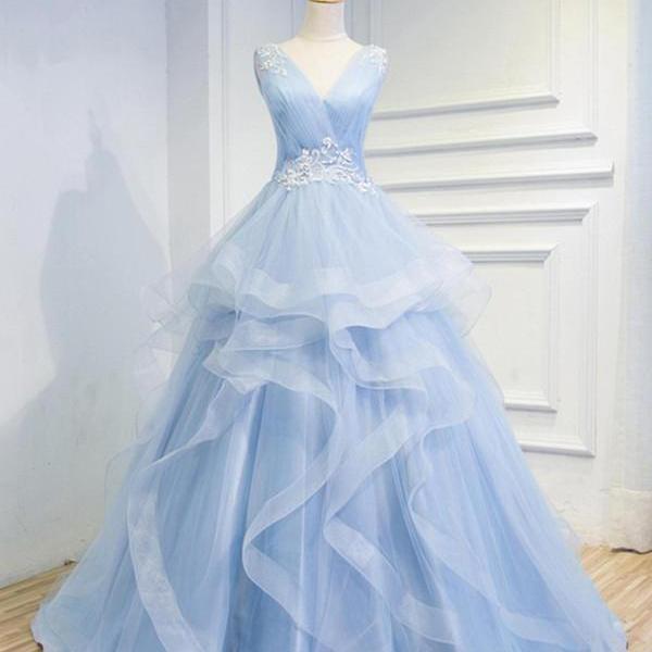 Elegant V Neck A-Line Appliques Tulle Formal Prom Dress, Beautiful Prom Dress, Banquet Party Dress