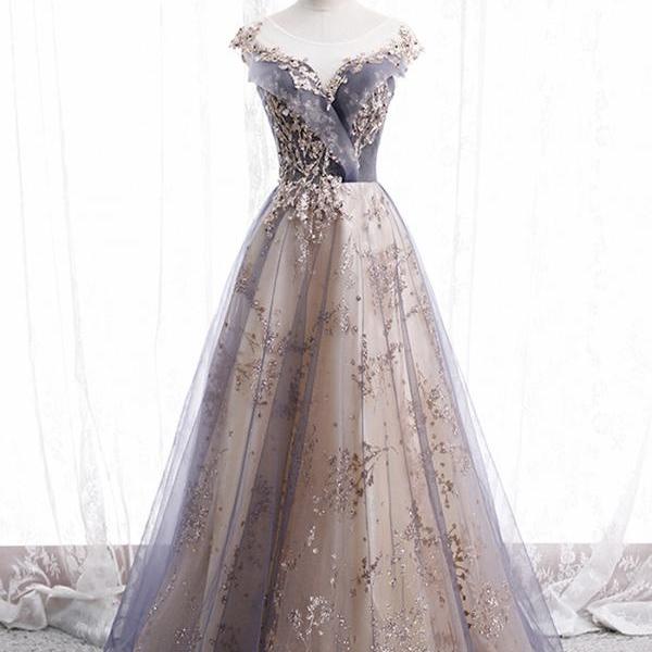 Elegant A-line Tulle with Lace Applique Formal Prom Dress, Beautiful Long Prom Dress, Banquet Party Dress
