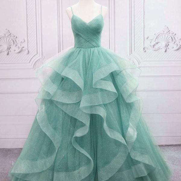 Elegant A-line V Neck Tulle Formal Prom Dress, Beautiful Long Prom Dress, Banquet Party Dress