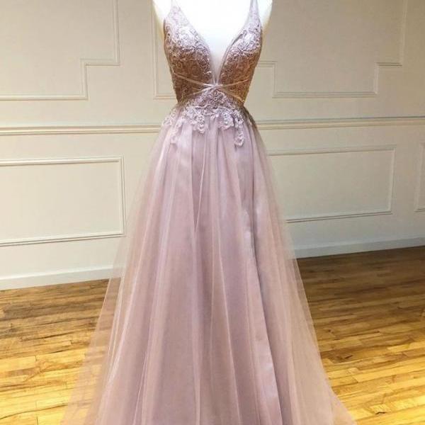 Elegant Sweet A-line V Neck Lace Tulle Formal Prom Dress, Beautiful Long Prom Dress, Banquet Party Dress