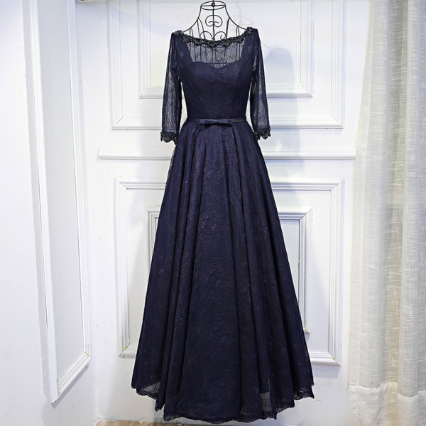 Evening Dress O-Neck Three Quarter Sleeves Lace Up Pleat Floor-Length Navy Blue A-Line Plus Size Woman Formal Party Gowns