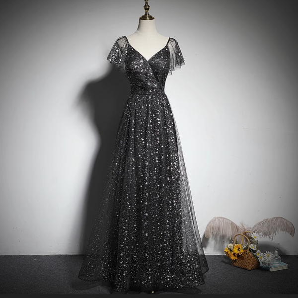 V-Neck Spaghetti Straps Sequined Satin A-Line Long Evening Dress main image 1