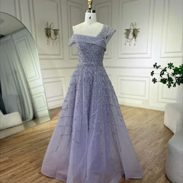 Prom Dress, Lilac Luxury Beaded A-Line Lace Up Evening Dresses 2024 Arabic Off Shoulder For Women Wedding