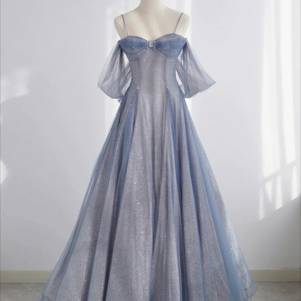 Prom Dress, Gray Blue Tulle Prom Dress, Blue A line Formal Dresses