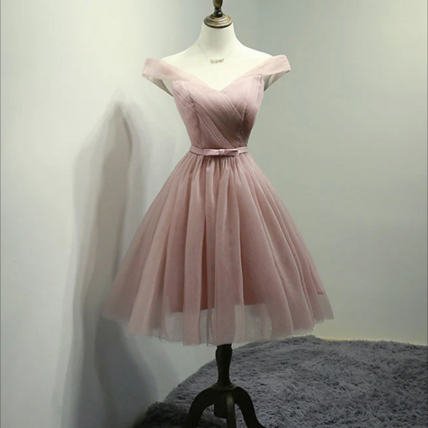 Short Homecoming Dress, Simple V Neck Tulle Off Shoulder Short Prom Dress Pink Homecoming Dress