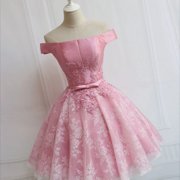 Short Homecoming Dress, Tulle Of Shoulder Lace Short Pink Prom Dress Lace Homecoming Dress