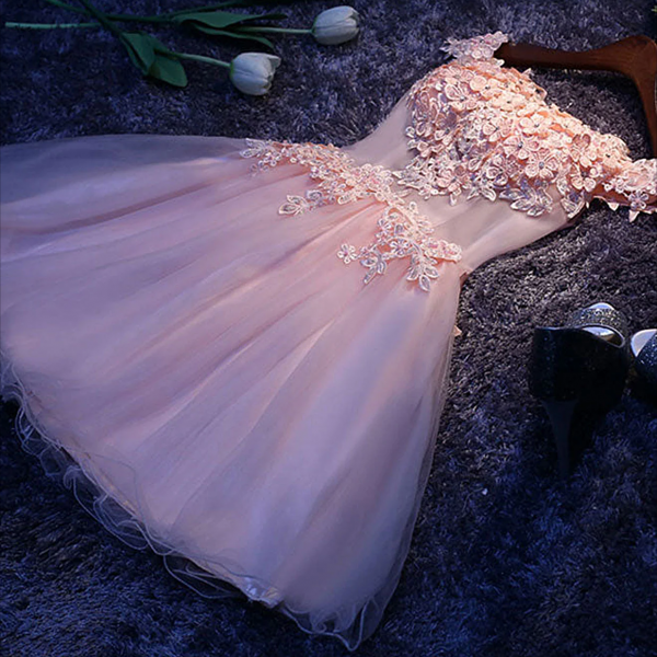 Short Homecoming Dress, Pink A Line Tulle Lace Short Prom Dress, Homecoming Dress