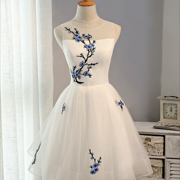 Short Homecoming Dress, White A-Line Tulle Short Prom Dress, White Evening Dress