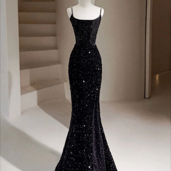 Simple black satin mermaid long prom dress, black evening dress Y250 main image 1