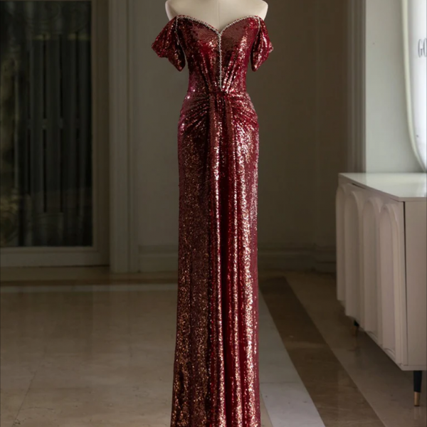 Prom Dress, Simple Off Shoulder Sequin Burgundy Long Prom Dress, Burgundy Long Evening Dress
