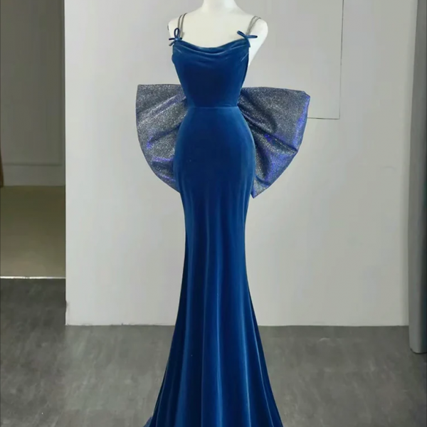 Prom Dress, Simple Velvet Blue Mermaid Long Prom Dress, Backless Velvet Blue Evening Dress