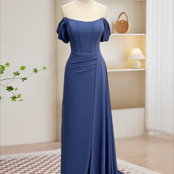 Prom Dress, Simple Off Shoulder Gray Blue Long Prom Dress, Gray Blue Long Formal Dress