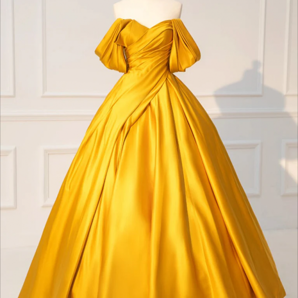 Prom Dress,A-Line Off Shoulder Yellow Long Prom Dress, Yellow Satin Long Evening Dress