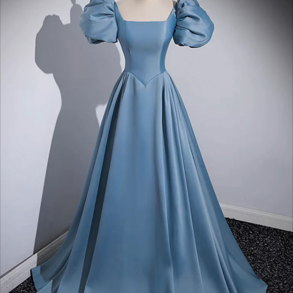 Prom Dress, A-Line Puff Sleeves Satin Blue Long Prom Dress, Blue Long Formal Dress