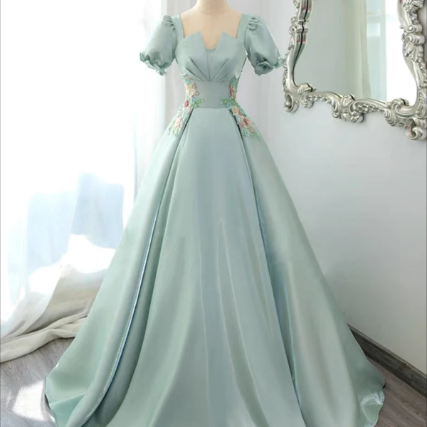 Prom Dress, A-Line Satin Lace Applique Green Long Prom Dress, Green Long Formal Dress