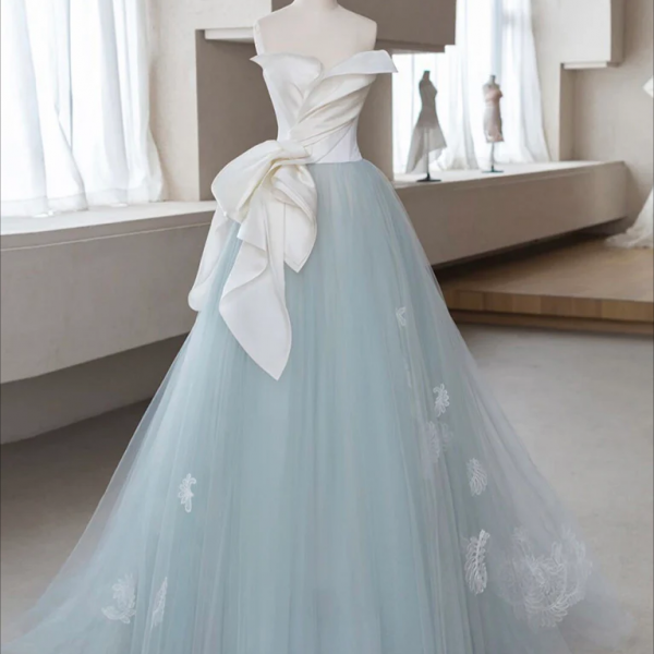 Prom Dress, A-Line Blue Tulle Lace Applique Long Prom Dress, Blue Long Formal Dress
