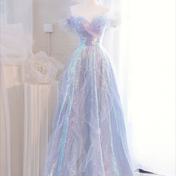 Prom Dress, Purple Off Shoulder Tulle Sequin Long Prom Dress, Purple Formal Dress