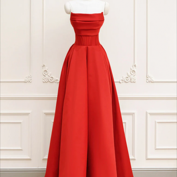 Prom Dress, Red A-Line Satin Long Prom Dress, Red Long Formal Dress