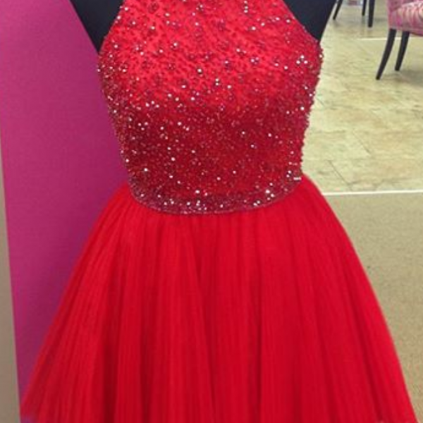 Tulle Homecoming Dress, Halter Beaded Homecoming Dress, Cute Homecoming Dress, LB0349 main image 1