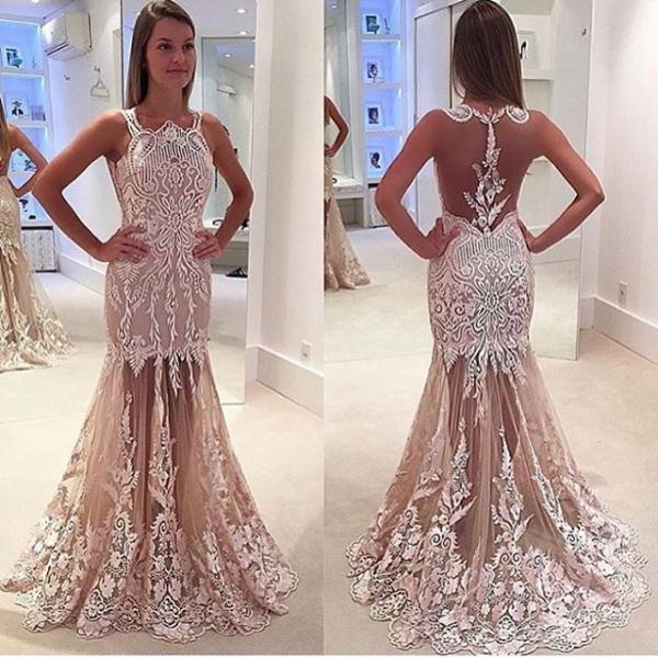 Scoop Long Sleeve Lace Prom Dresses, See Through Mermaid Prom Dresses ...