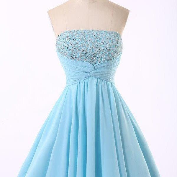 Light Blue Short Homecoming Dress With Beaded Bodice And Ruched Sash on ...