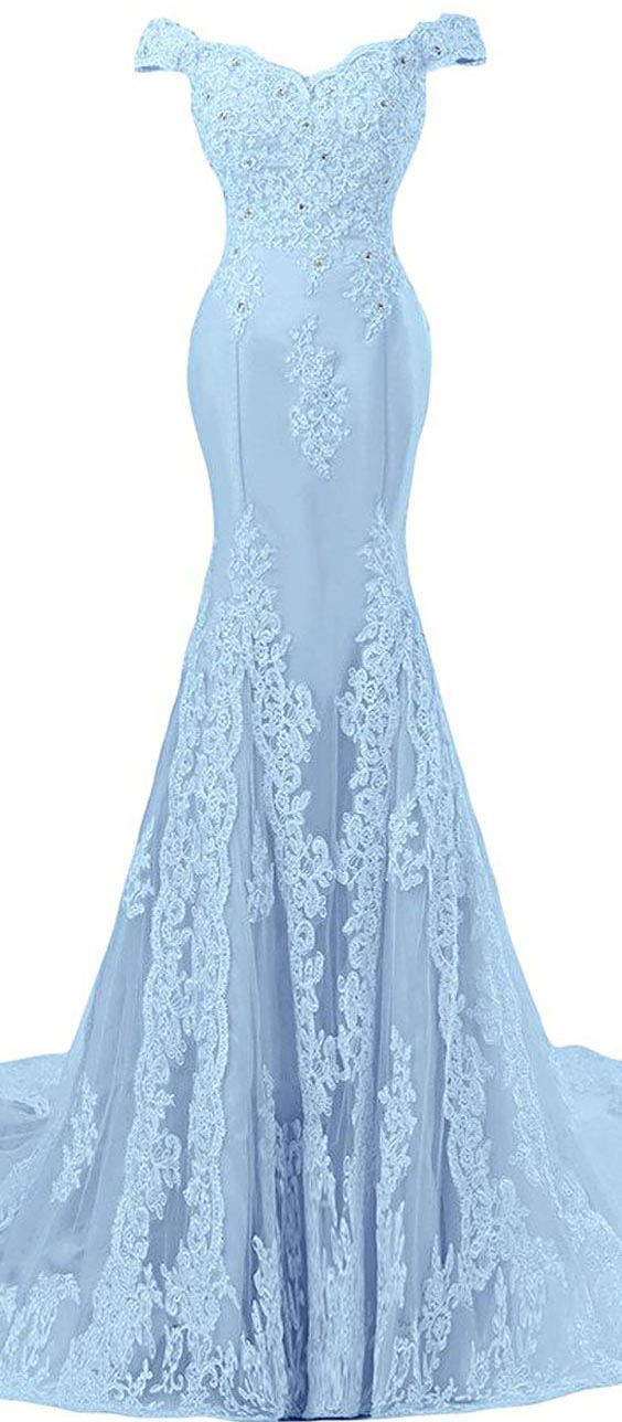 Light Blue Off The Shoulder Lace Appliqués Mermaid Long Prom Dress Evening Dress On Luulla 2009