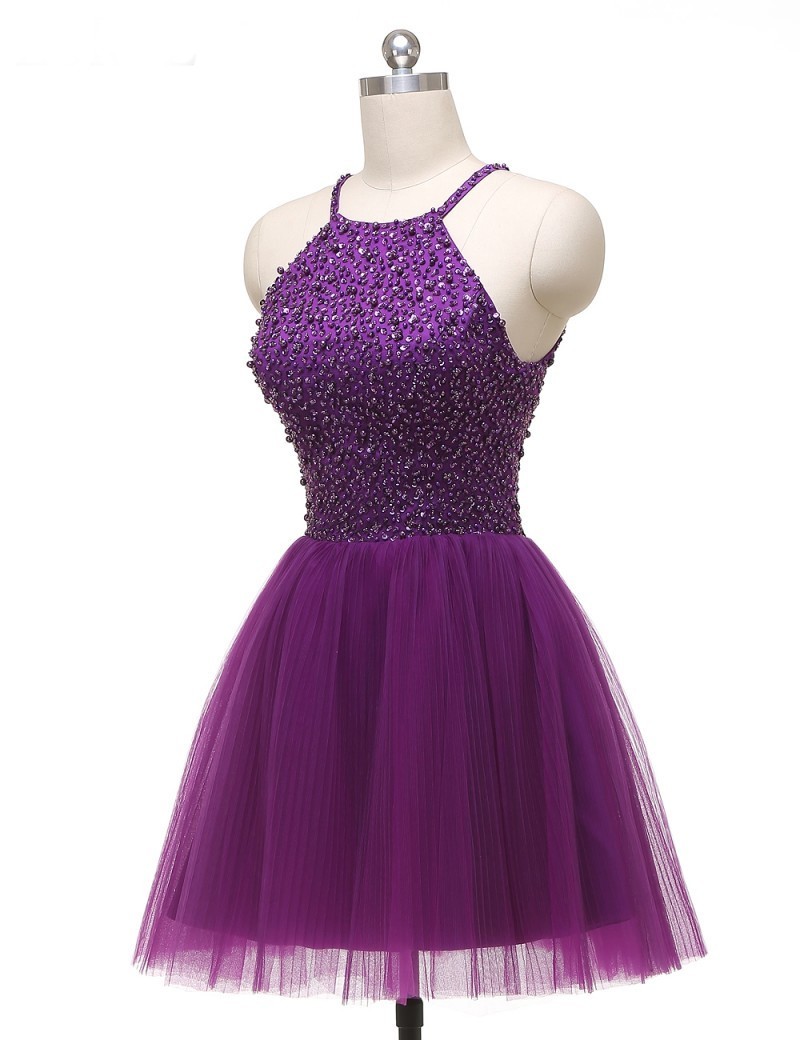 Purple Halter Beaded Tulle Short Prom Dress, Homecoming Dress, Party ...