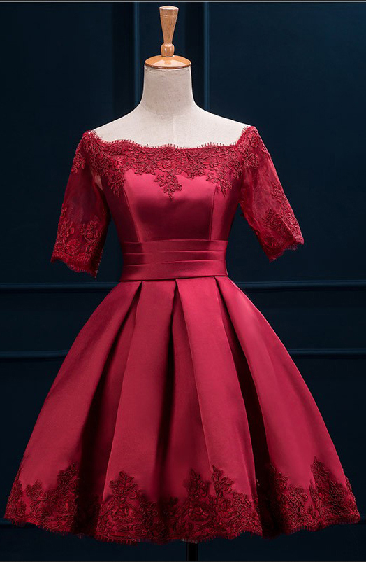Off the Shoulder Red Satin Short Prom Homecoming Dress GJS710 main image 0