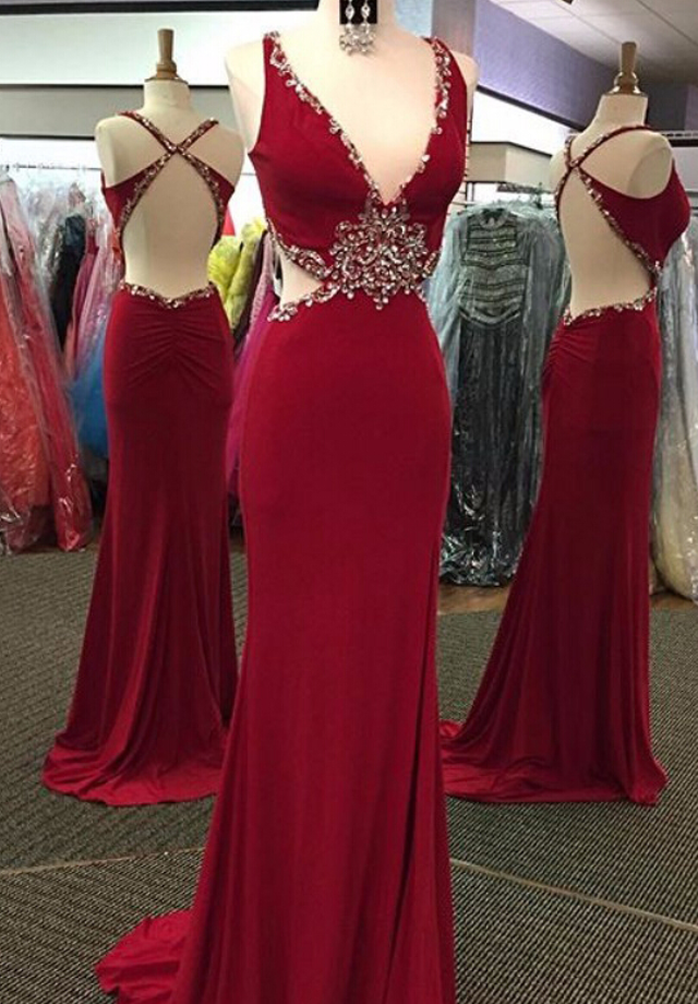 Sexy Red Backless Chiffon Prom Dresses, Cheap Prom Dresses,Custom Prom Dresses