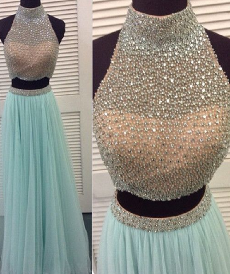 High Neck Sleeveless Keyhole Back Tulle Beaded Long Two Piece Prom Dress