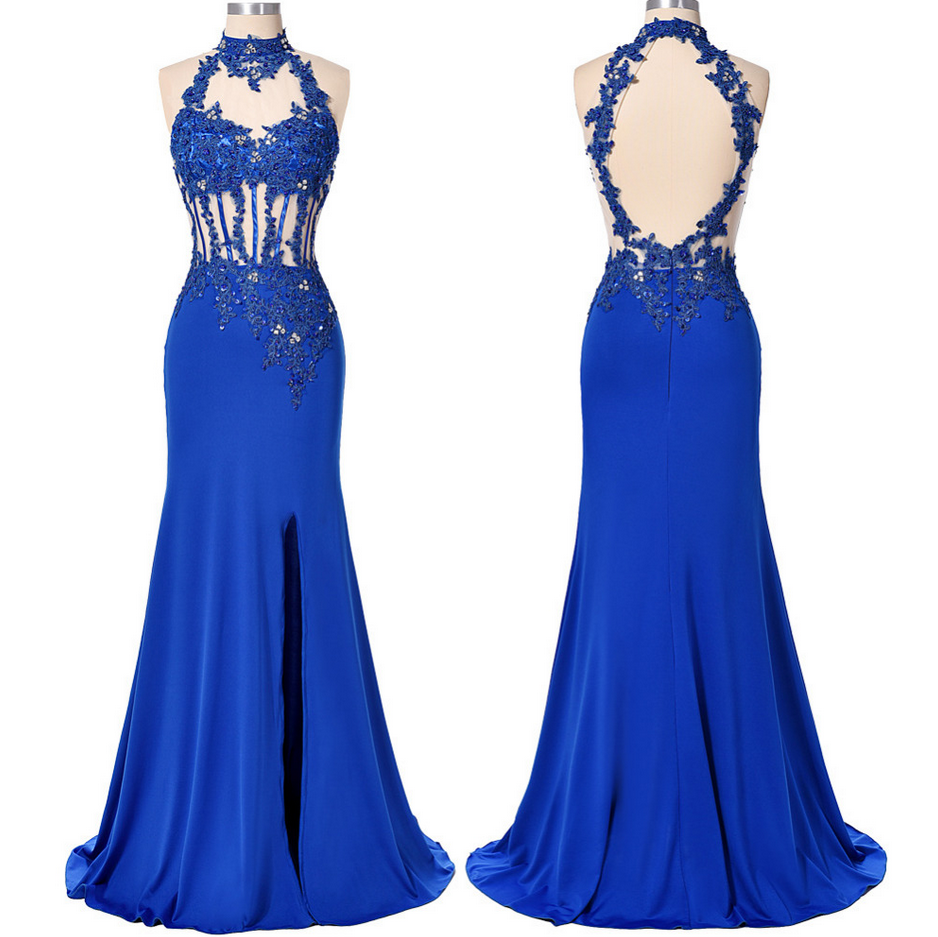 Split Side Evening Dress ,blue High Neck Evening Dress,lace Appliques Formal Dress With Beaded