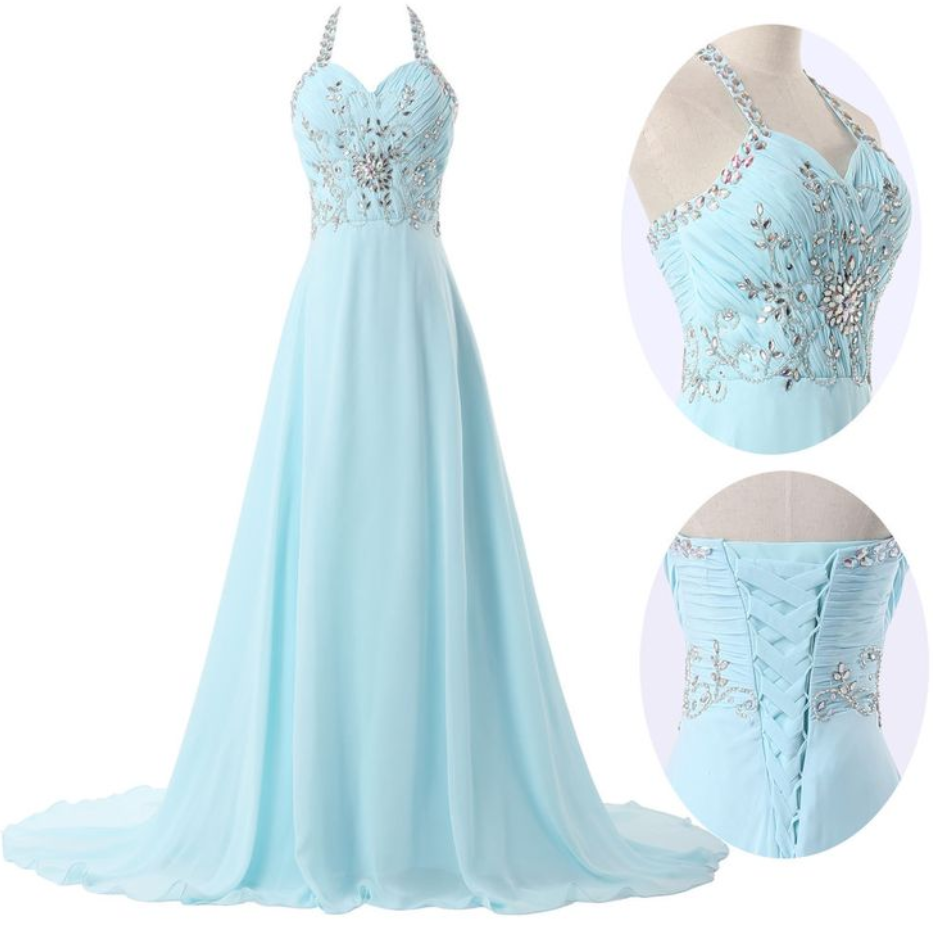 Beautiful Light Blue Long Chiffon Prom Dresses 2016 ,gril Evening