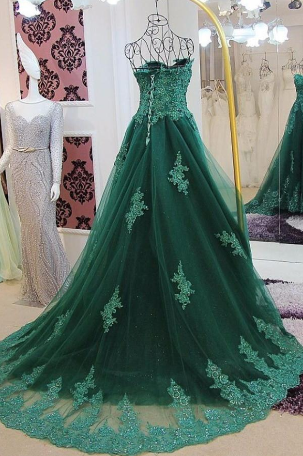 Dark Green Prom Dress Sweetheart Applique Beaded Long Evening Dress On Luulla