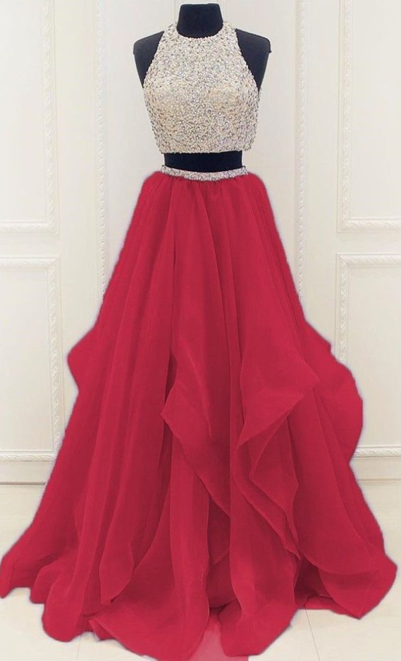 Red Beaded Prom Dress,two Pieces A Line Prom Dress,custom Made Evening