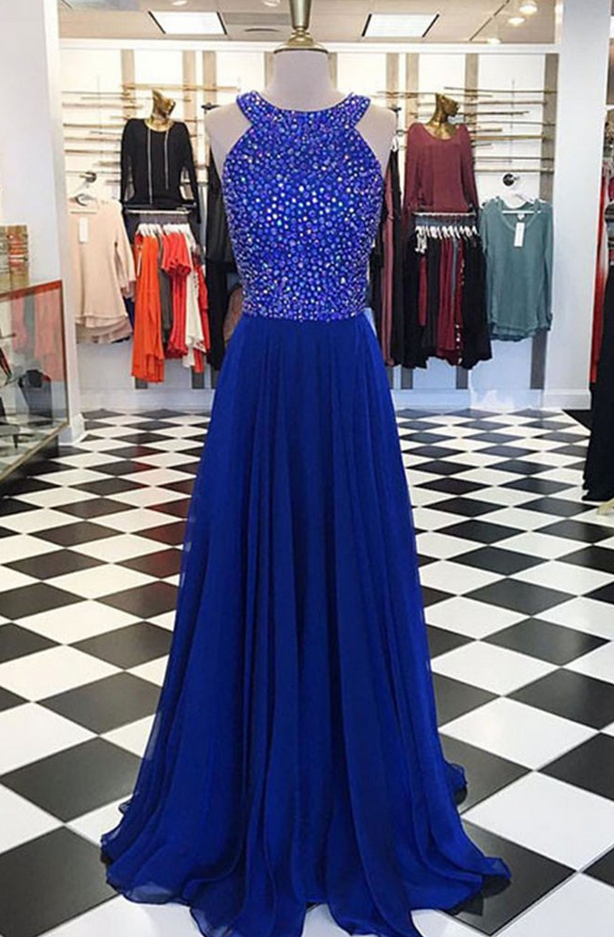 Luxury Navy Blue Chiffon Sweetheart Round Neck Beading Long Evening ...