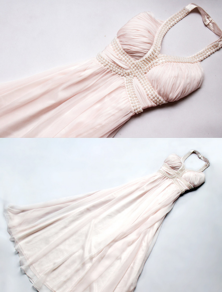Ethereal A-Line Halter Neck Ruched Beaded Ivory Maxi Prom Dress for Women ready to ship main image 1